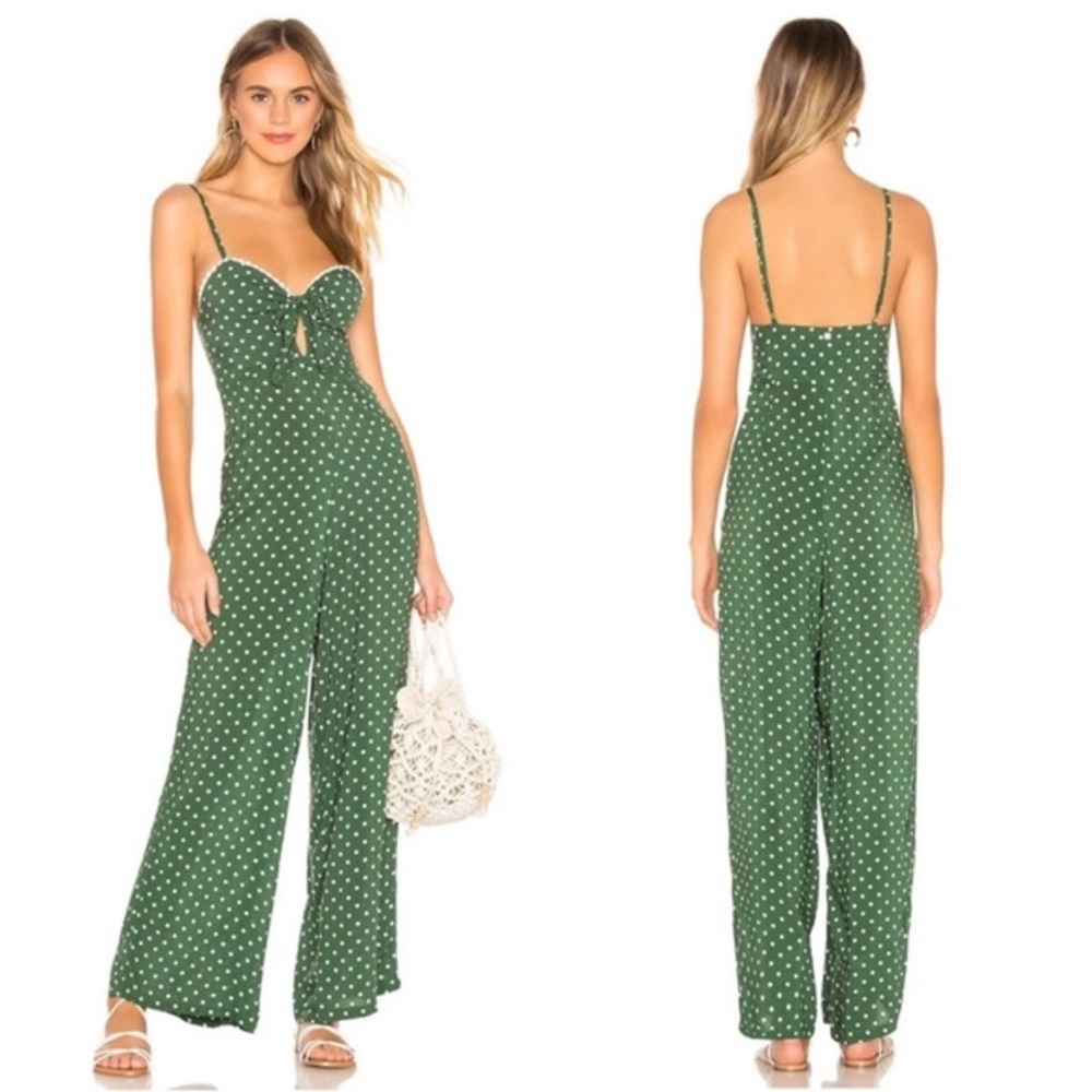 Agua Bendita Polka Dot‎ Jumpsuit Women’s Small Green Keyhole Wide Leg Lace Trim